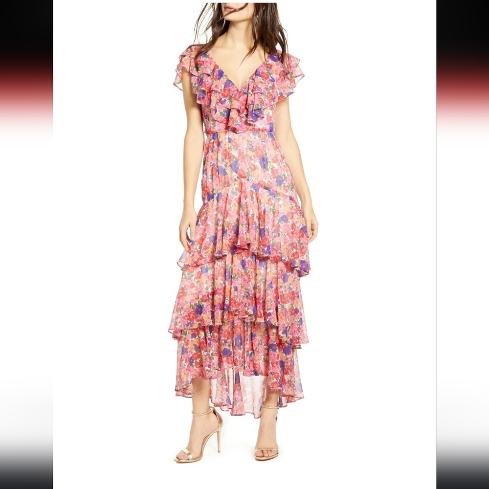Anthropologie WAYF FLORAL TIERED RUFFLE FLOUNCY ROMANTIC MAXI DRESS SIZE XS